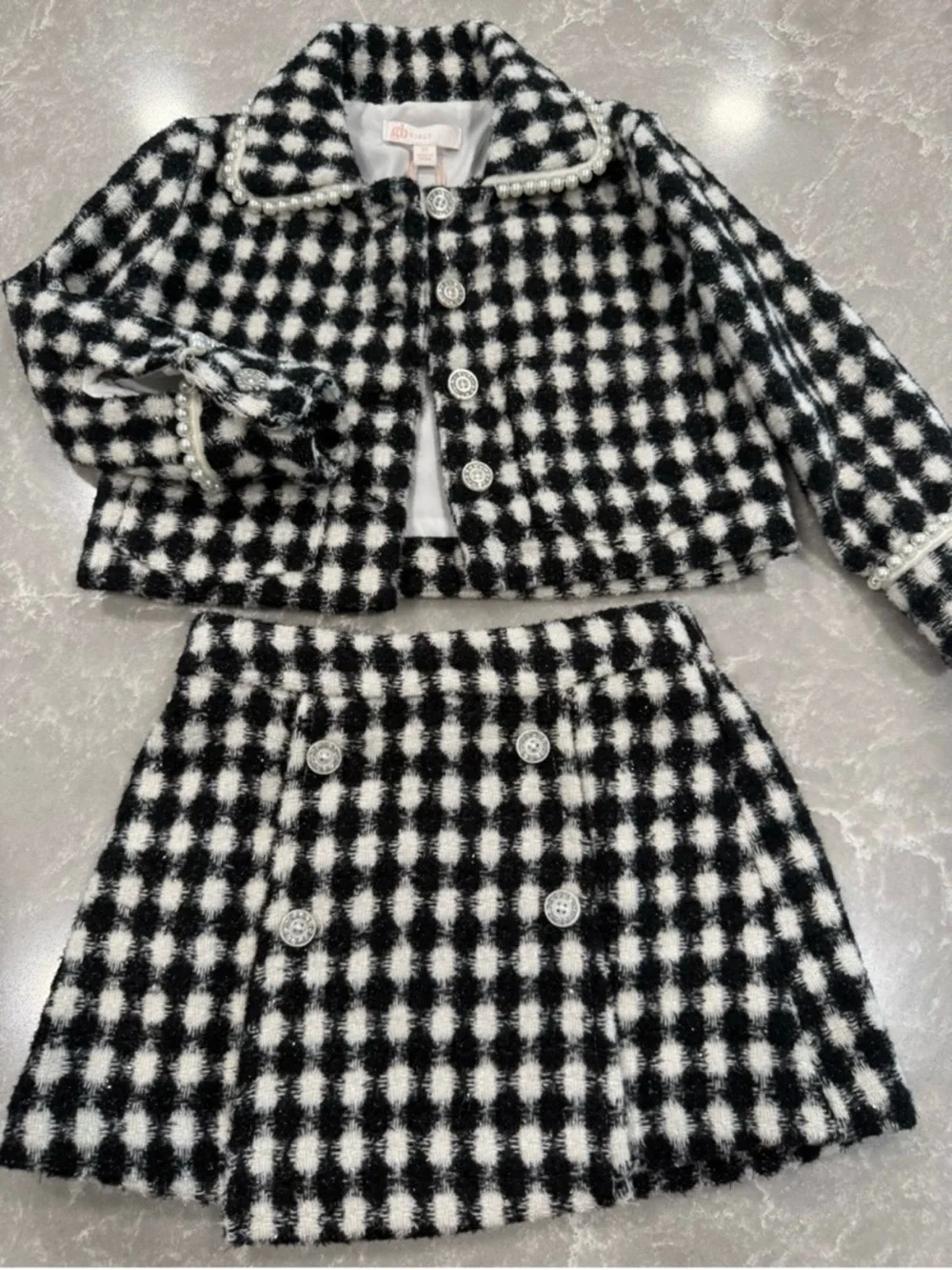 GB Girls Gianni Bini 3T Black White Checkered Tweed Pearl Jacket Skirt Set NWT